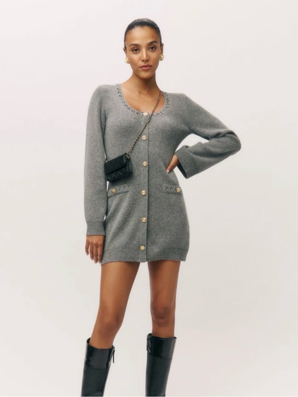 Reformation Gray Long-Sleeve Button-Front Knit Dress
